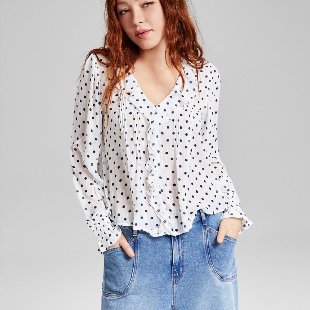 White and Black Ruffled Long Sleeve Blouse